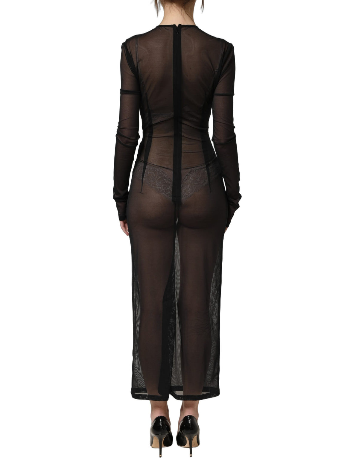 Dolce & Gabbana Schwarzes, langärmeliges, transparentes, eng anliegendes Maxikleid