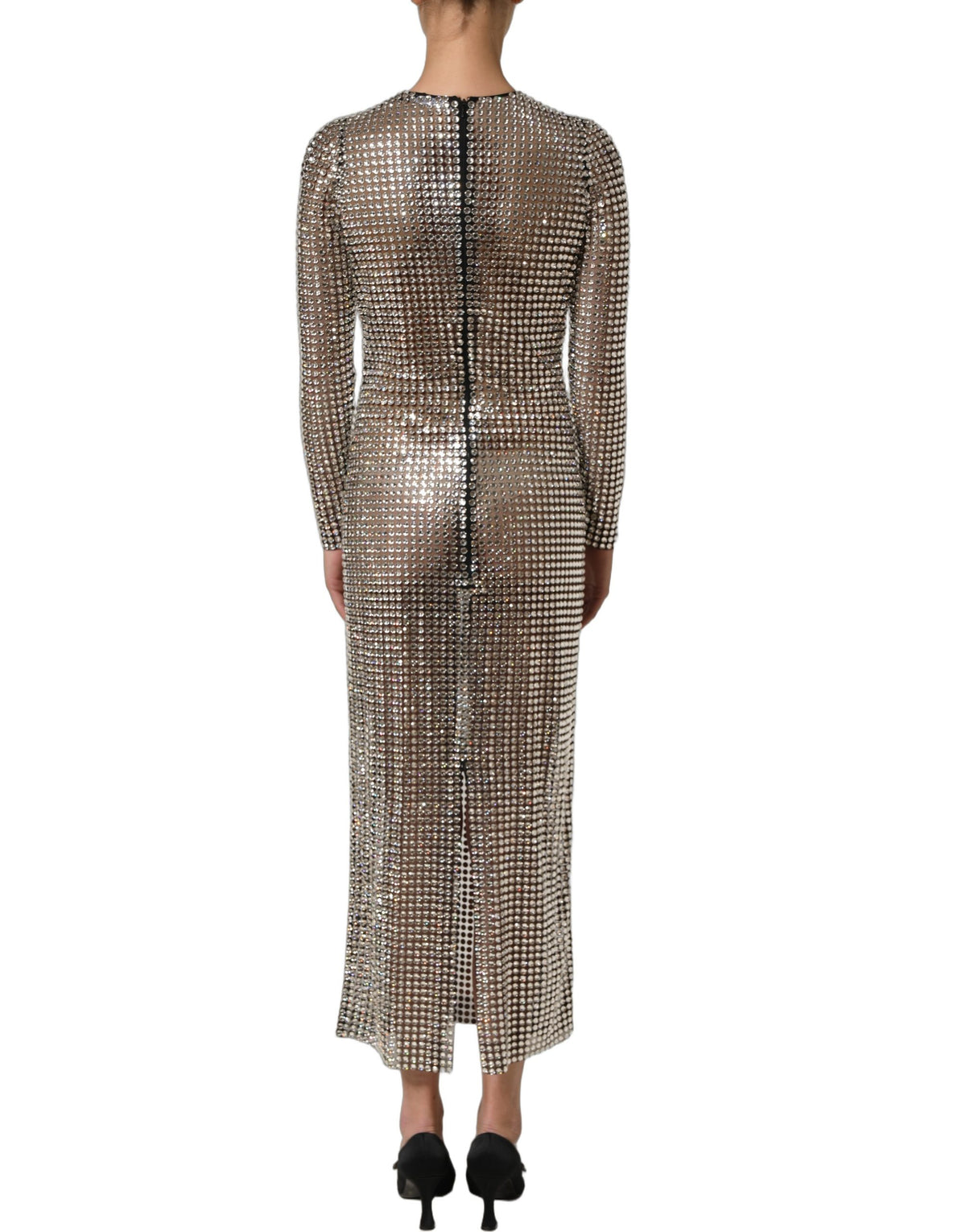 Dolce & Gabbana beigefarbenes, kristallverziertes langes Abendkleid
