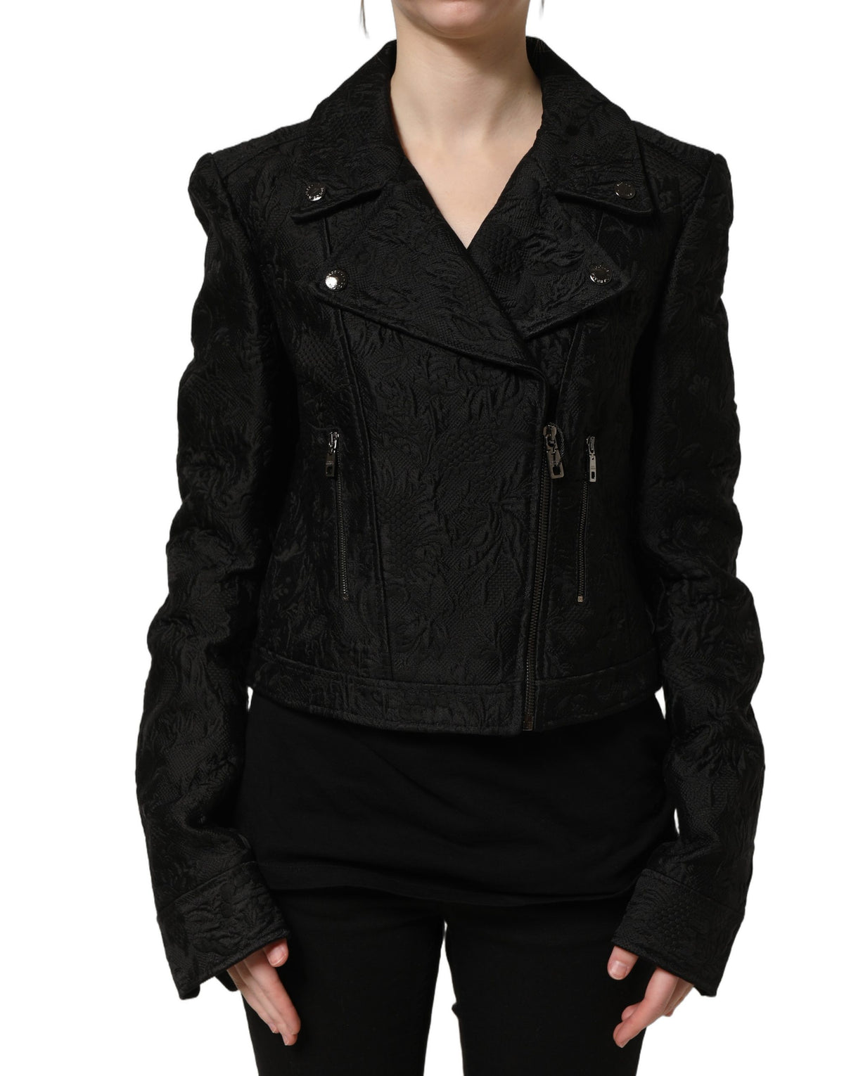 Dolce & Gabbana Schwarze florale Brokat-Bikerblousonjacke
