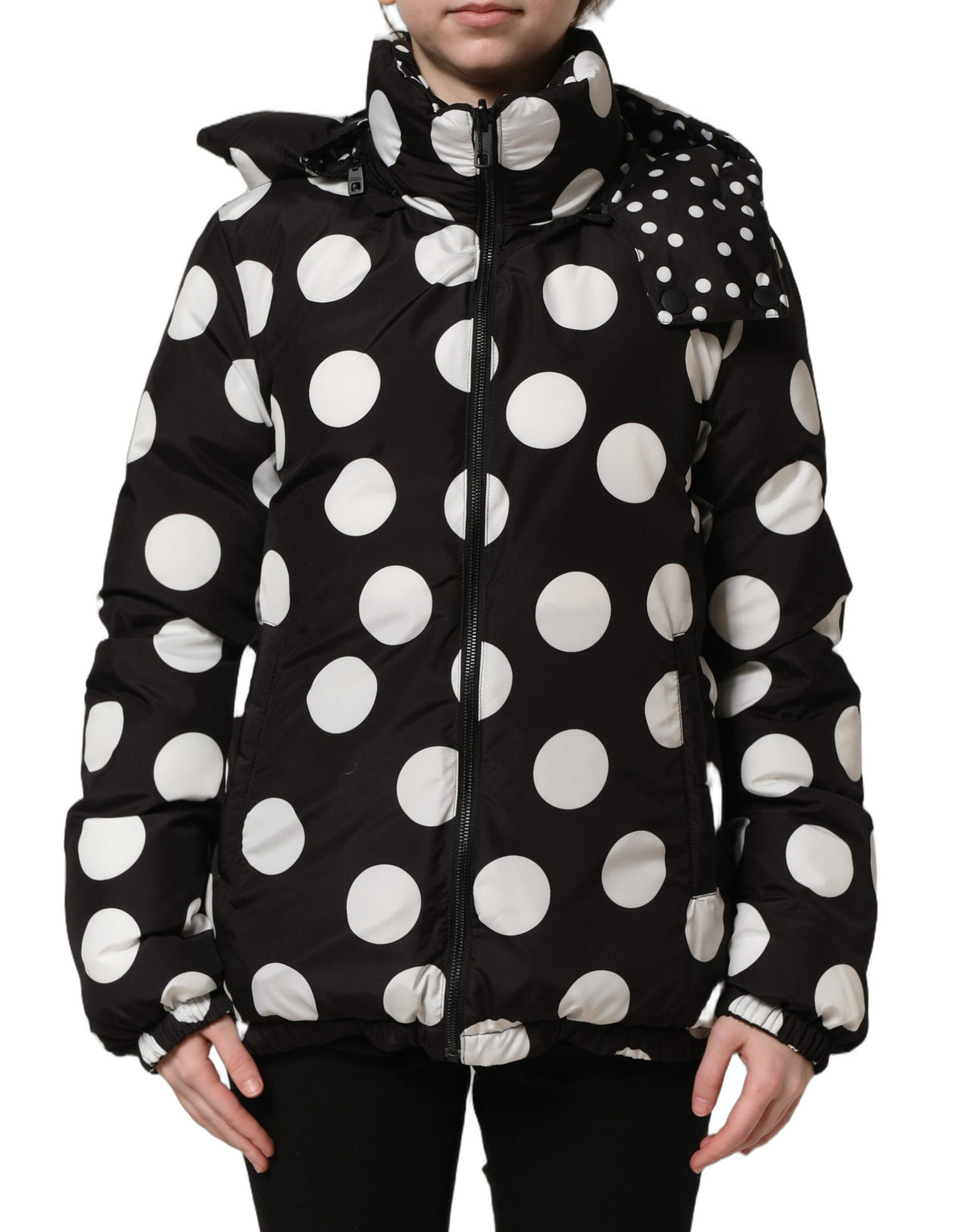 Dolce & Gabbana Schwarz-Weiß Gepunktete Kapuzen-Blouson-Jacke