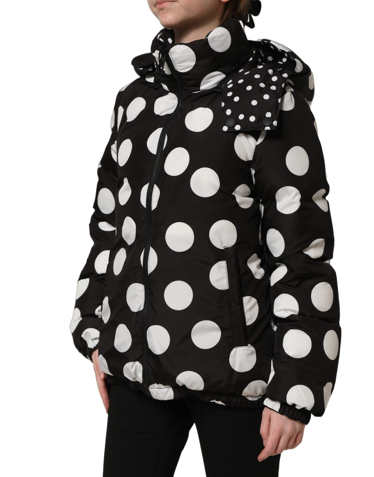Dolce & Gabbana Schwarz-Weiß Gepunktete Kapuzen-Blouson-Jacke