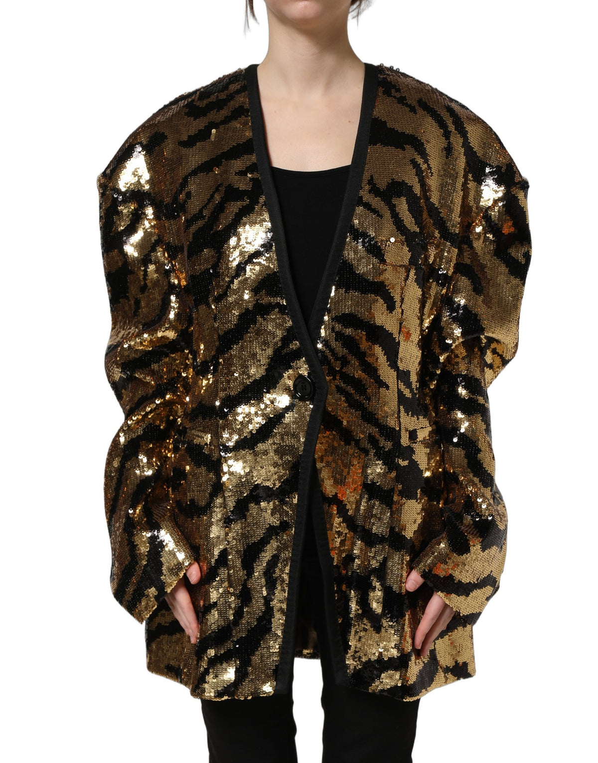 Dolce & Gabbana Schwarzer Blazer mit Tigerstreifen aus Goldpailletten