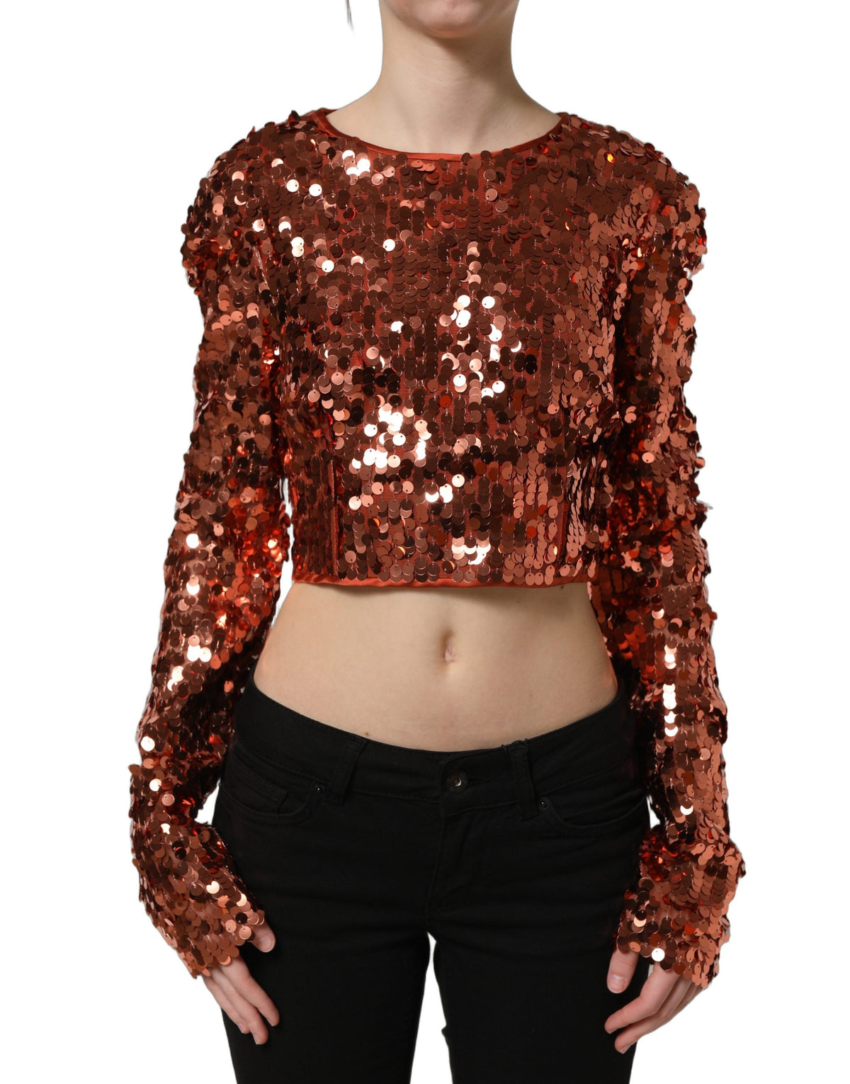 Dolce & Gabbana Rote Paillettenbluse mit langen Ärmeln und bauchfreiem Schnitt