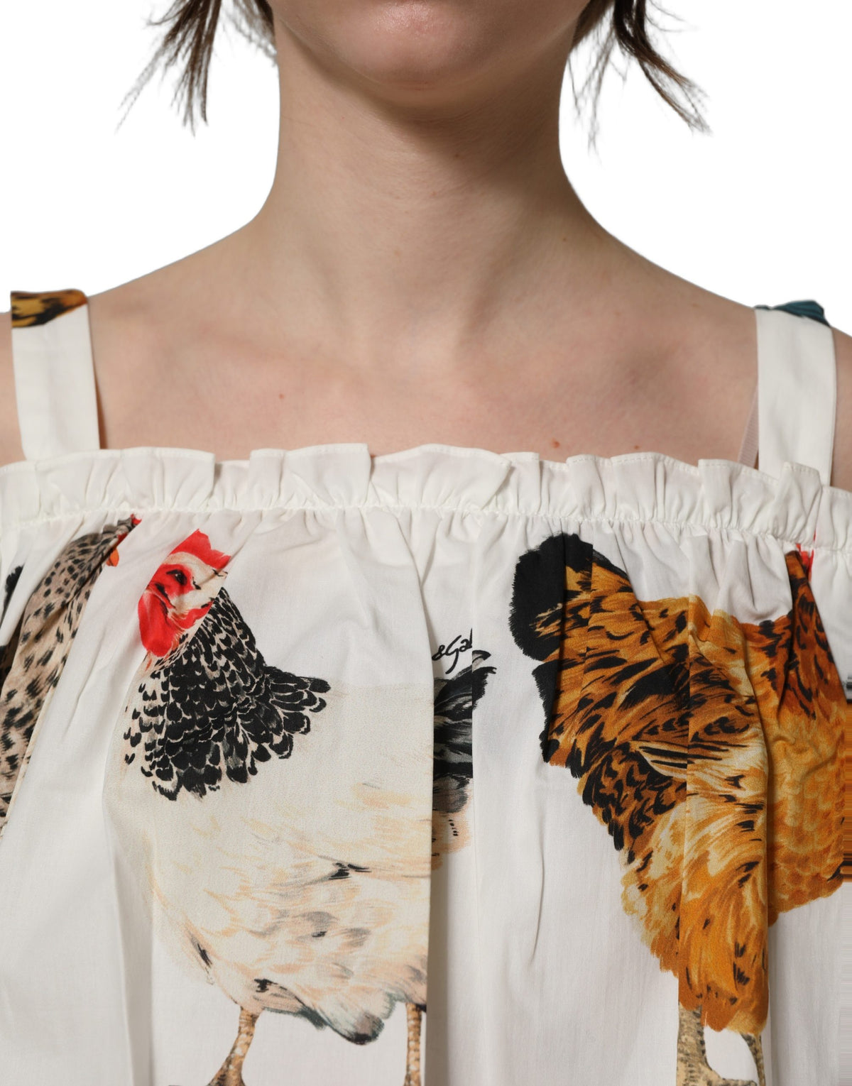 Dolce & Gabbana Carmen-Oberteil aus Popeline mit Hahn-Print und Carmen-Ausschnitt