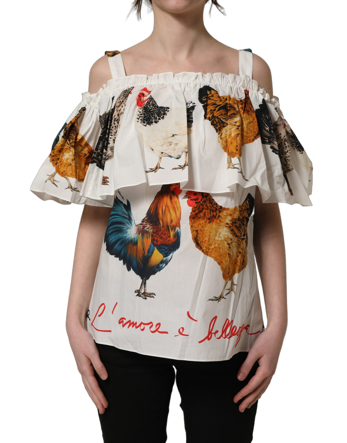 Dolce & Gabbana Carmen-Oberteil aus Popeline mit Hahn-Print und Carmen-Ausschnitt