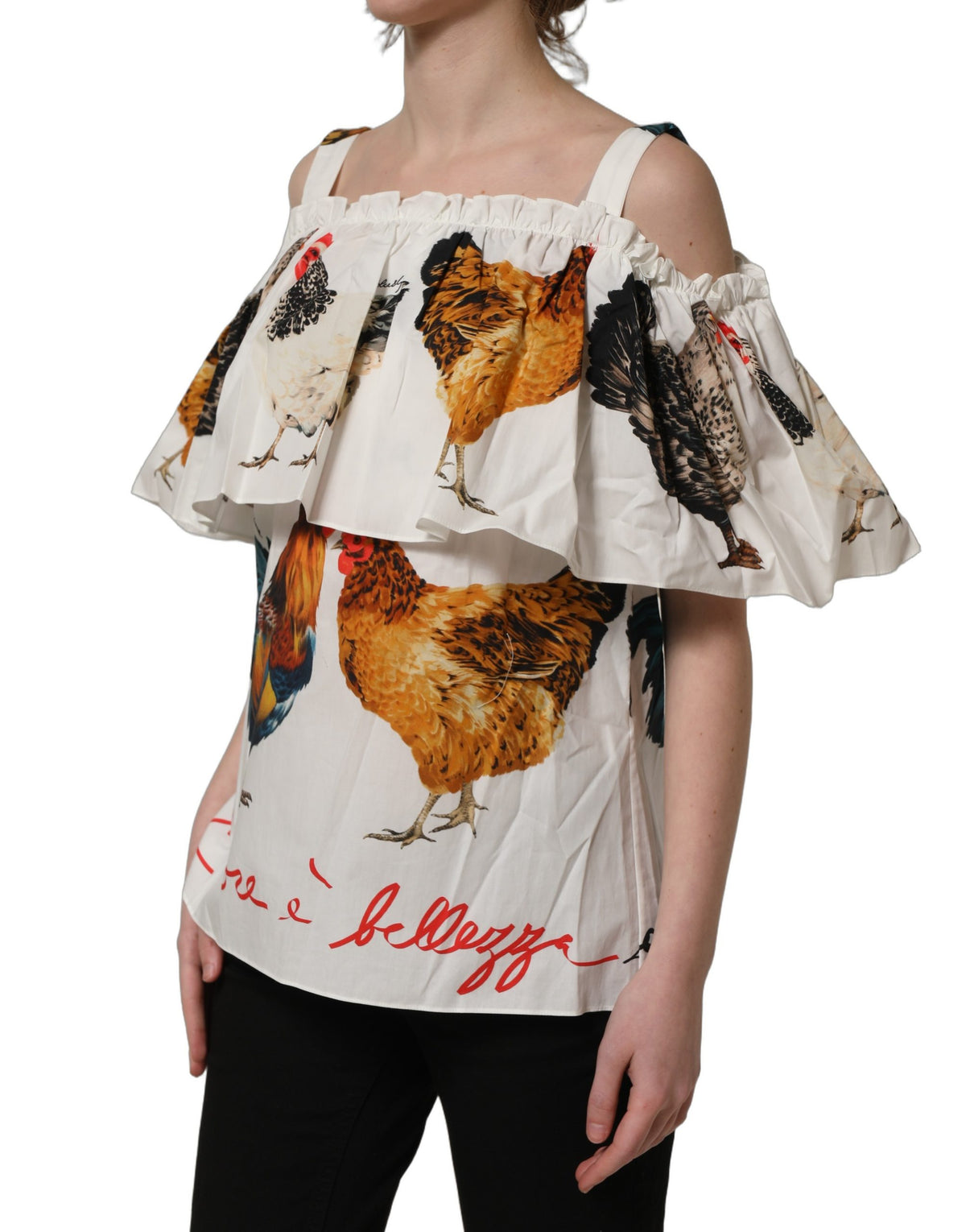 Dolce & Gabbana Carmen-Oberteil aus Popeline mit Hahn-Print und Carmen-Ausschnitt