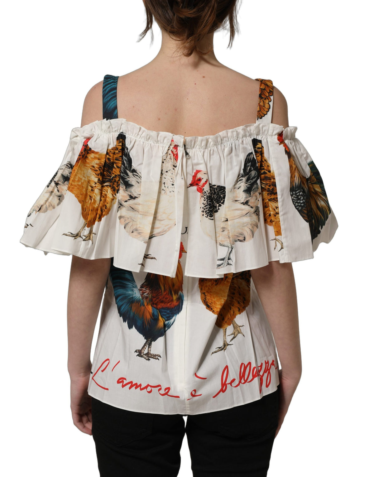 Dolce & Gabbana Carmen-Oberteil aus Popeline mit Hahn-Print und Carmen-Ausschnitt