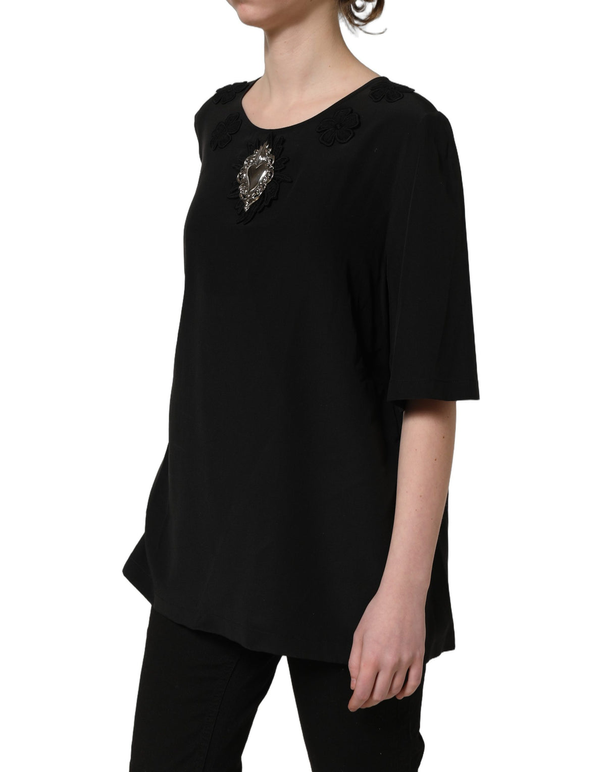 Dolce & Gabbana Schwarze Seidenbluse mit Blumenmuster und Herzapplikation