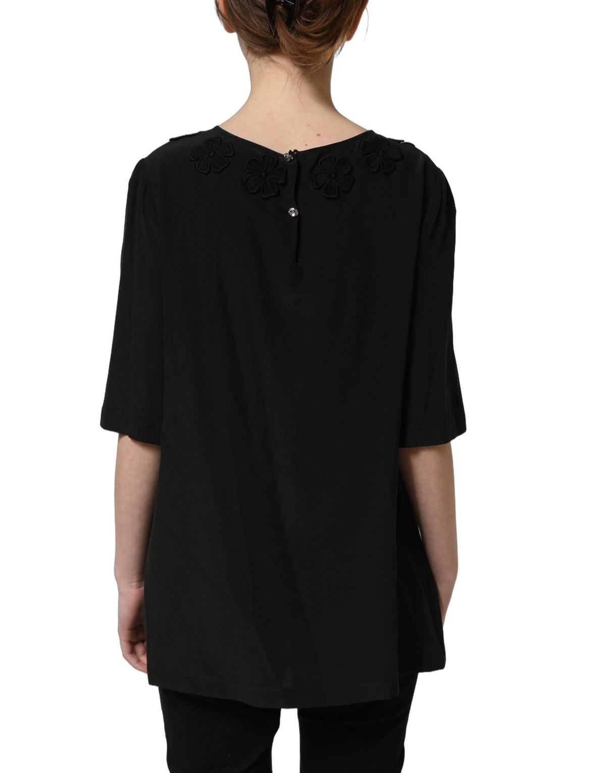 Dolce & Gabbana Schwarze Seidenbluse mit Blumenmuster und Herzapplikation