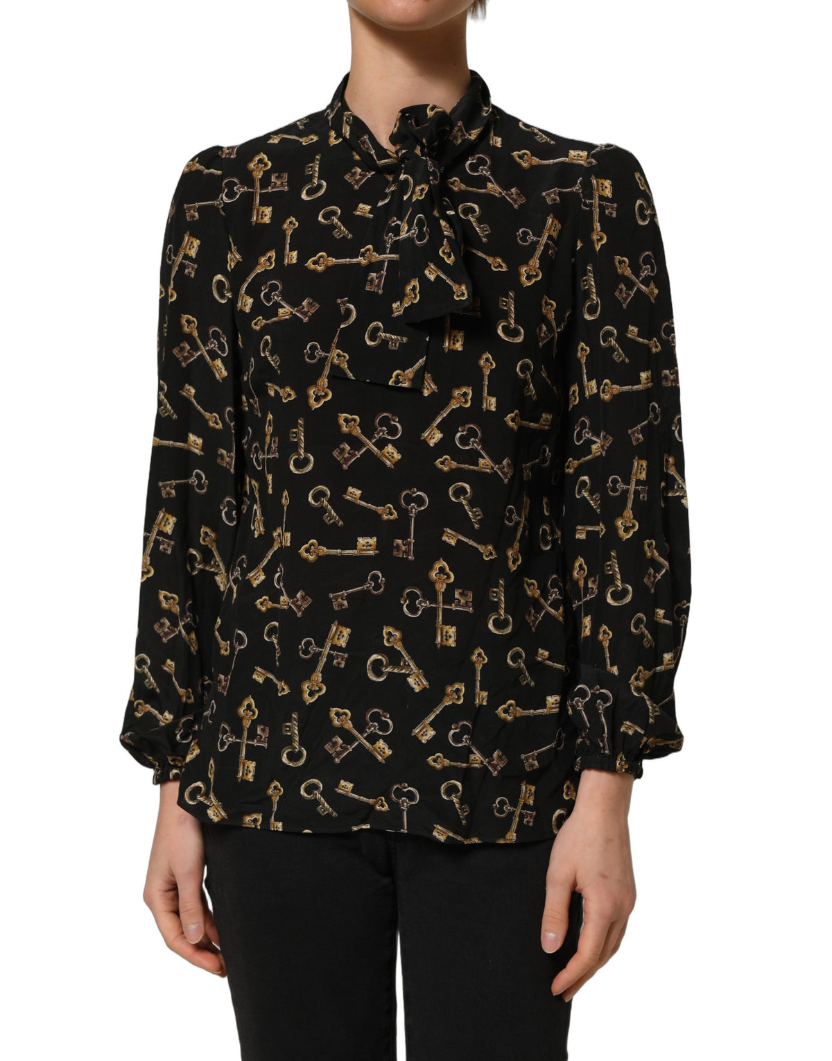 Dolce & Gabbana Seidenbluse mit Black Keys Print und Schleifenkragen