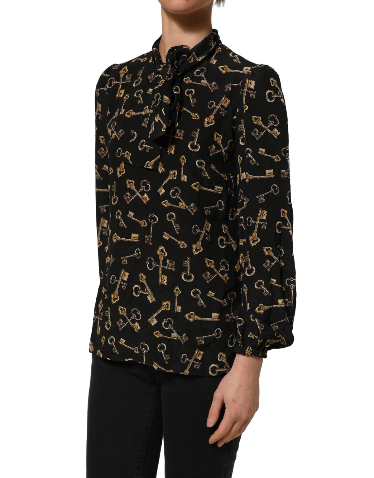 Dolce & Gabbana Seidenbluse mit Black Keys Print und Schleifenkragen