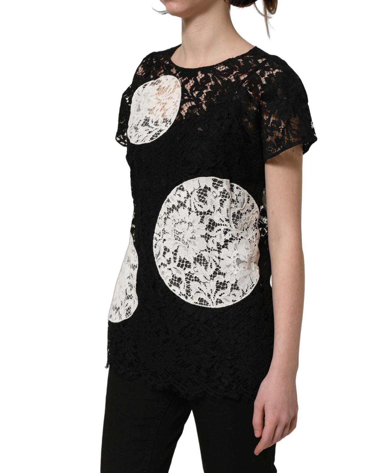 Dolce & Gabbana Schwarz-Weiß geblühte Kurzarmbluse aus Spitze