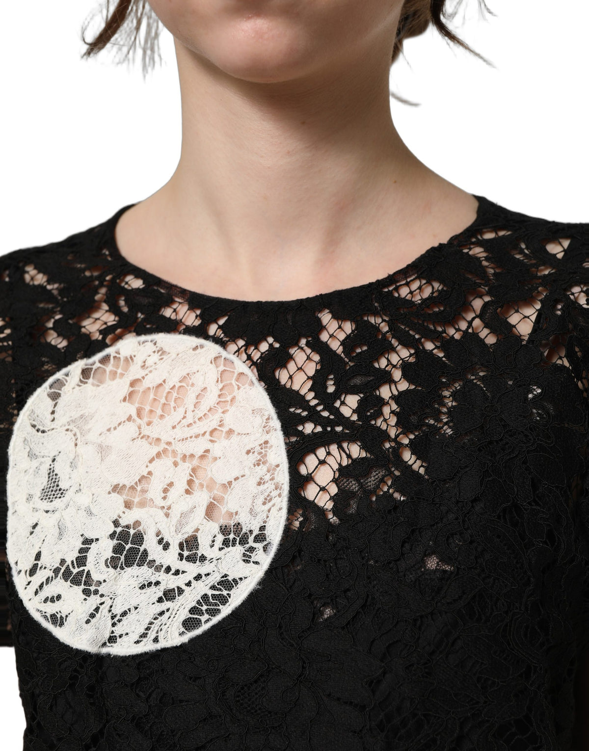 Dolce & Gabbana Schwarz-Weiß geblühte Kurzarmbluse aus Spitze