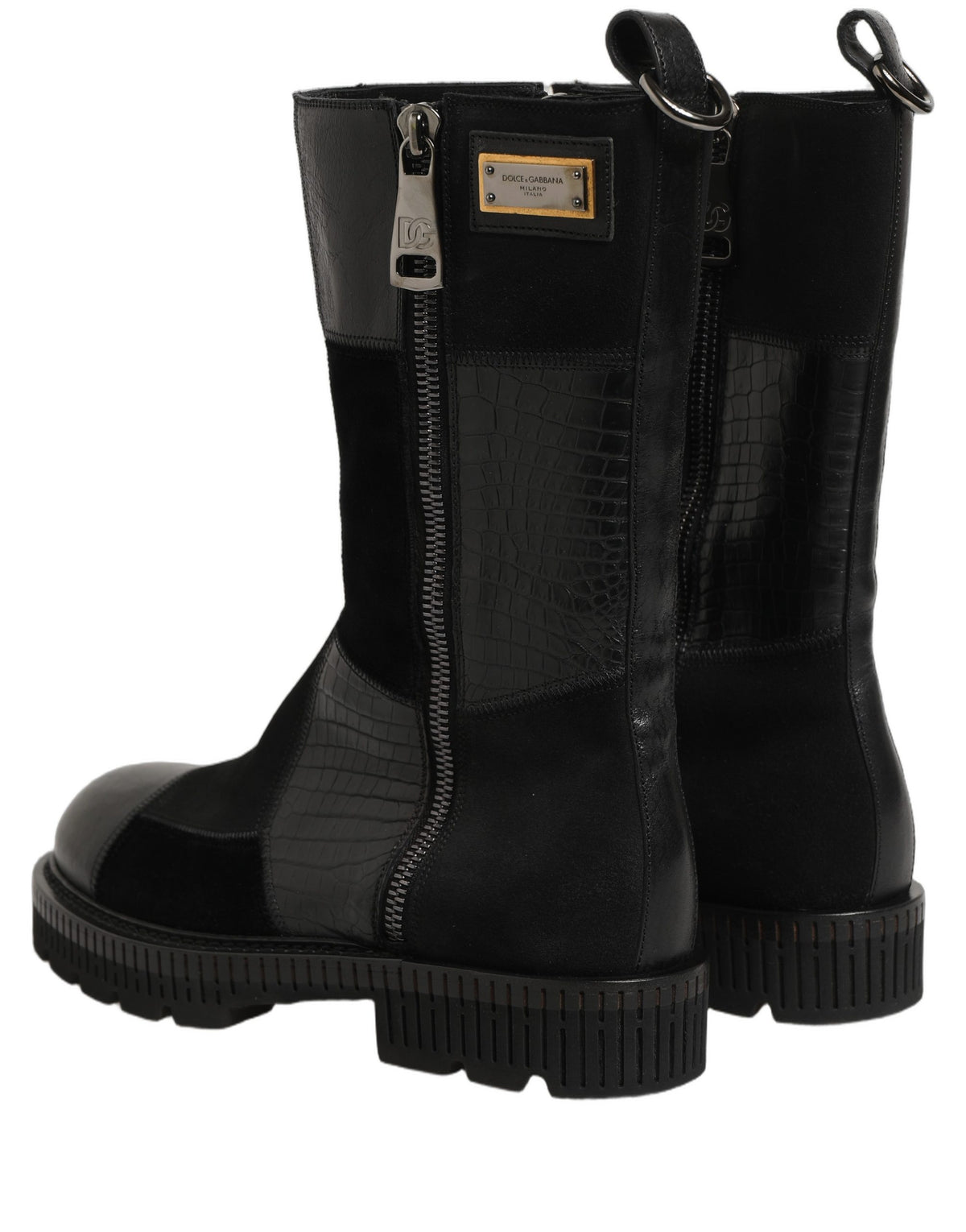 Dolce & Gabbana Schwarze Patchwork-Leder Mid-Calf Stiefel Schuhe