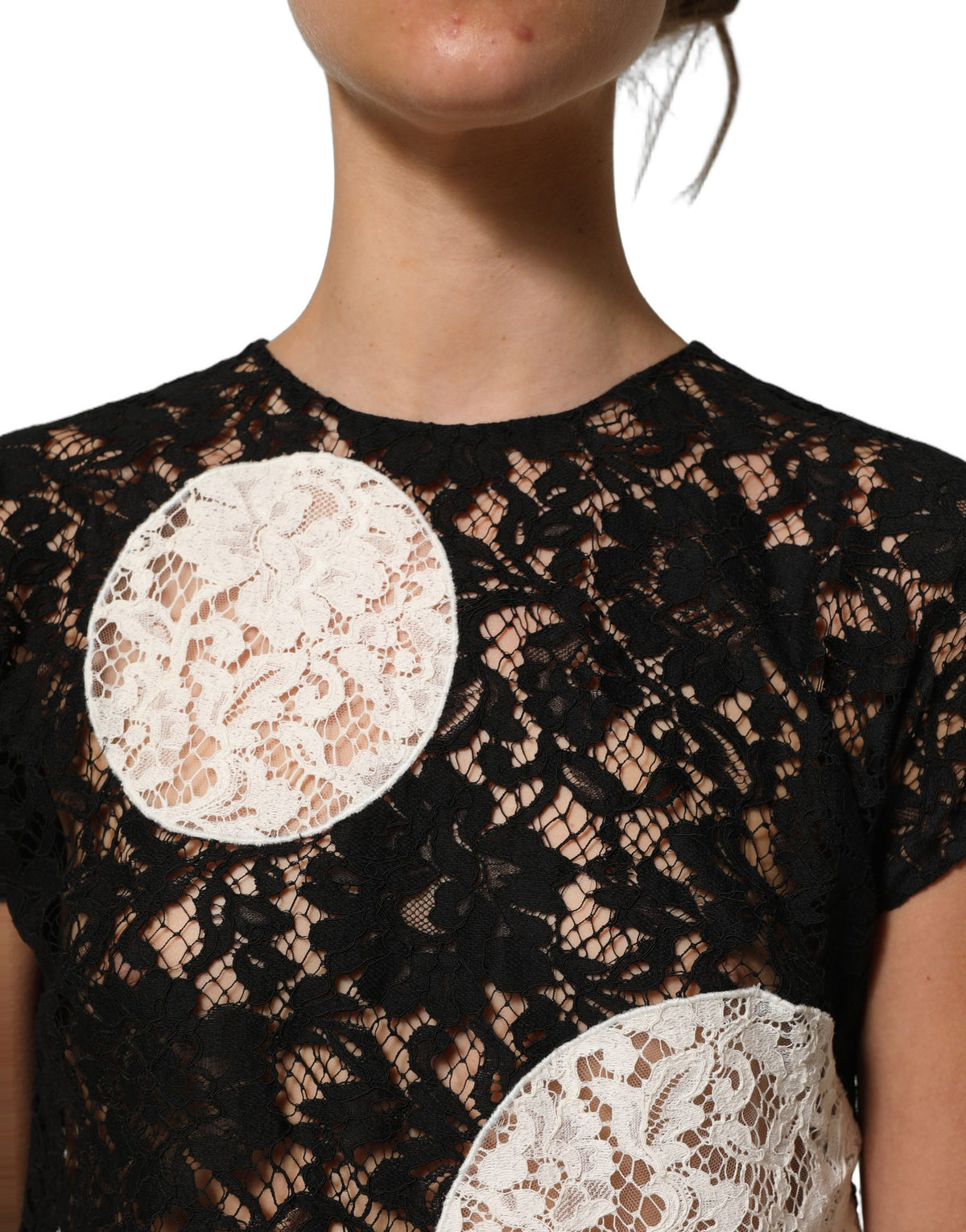 Dolce & Gabbana Schwarz-Weiß geblühte Kurzarmbluse aus Spitze