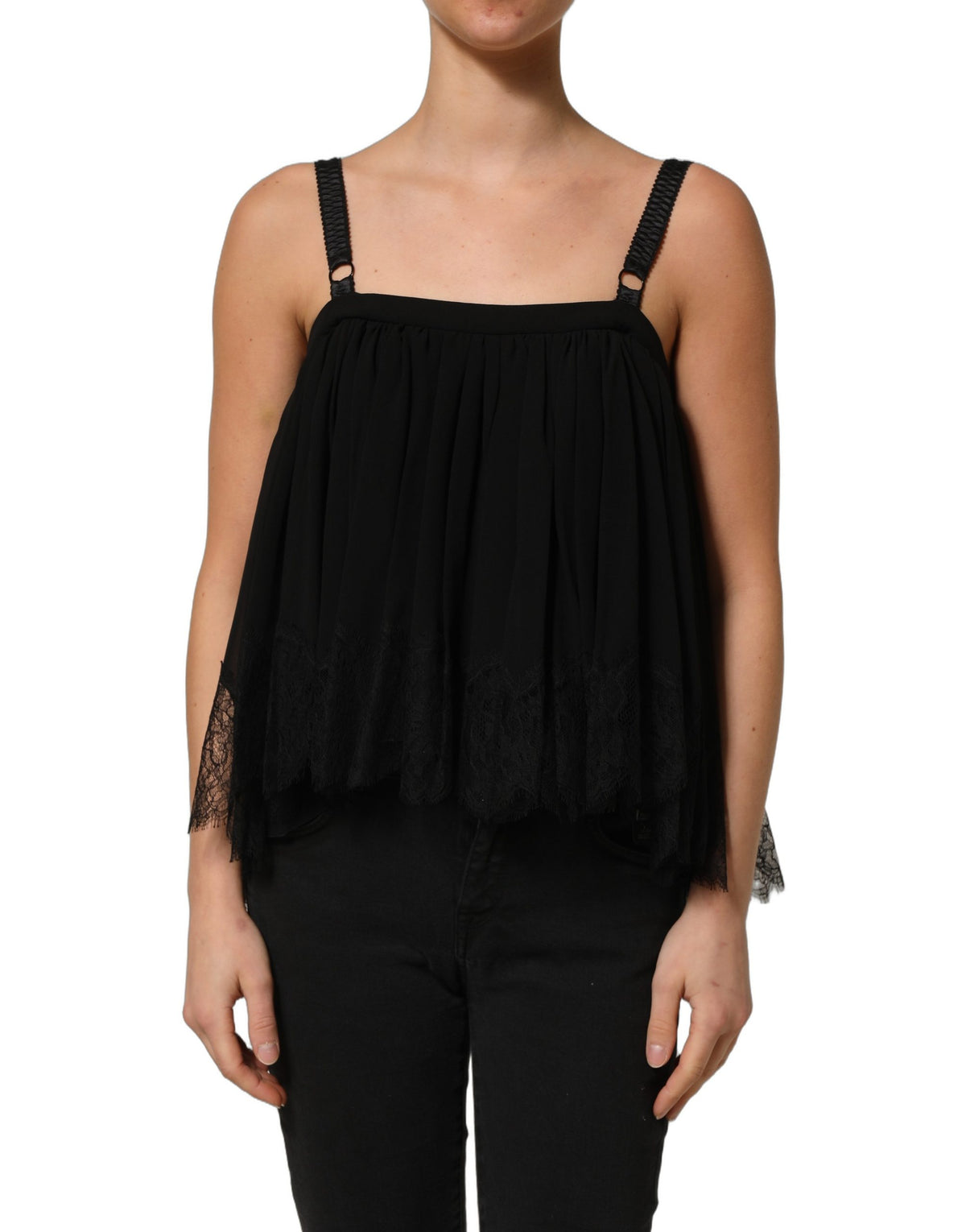 Dolce & Gabbana Schwarzes ärmelloses Tanktop aus floraler Spitze