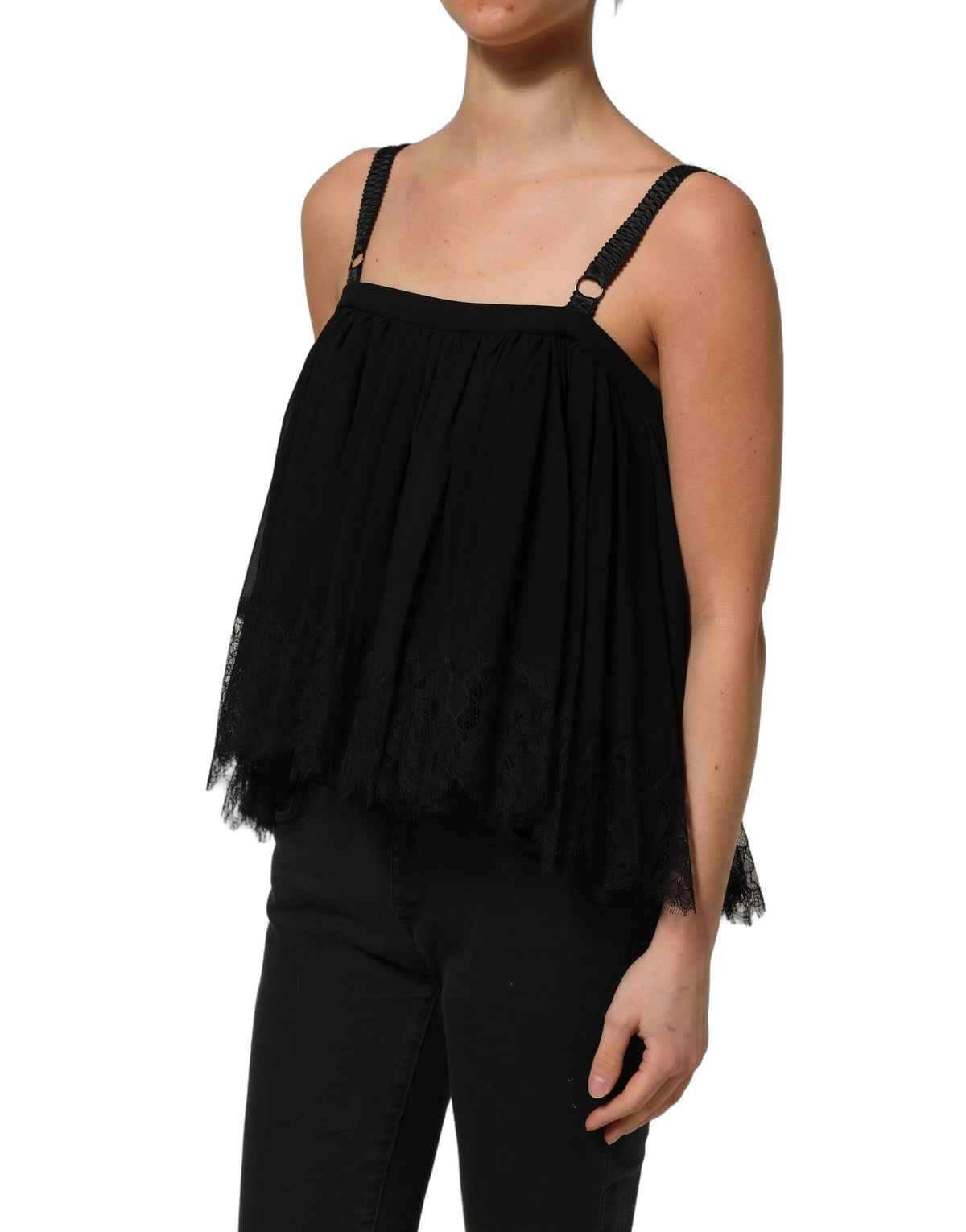 Dolce & Gabbana Schwarzes ärmelloses Tanktop aus floraler Spitze