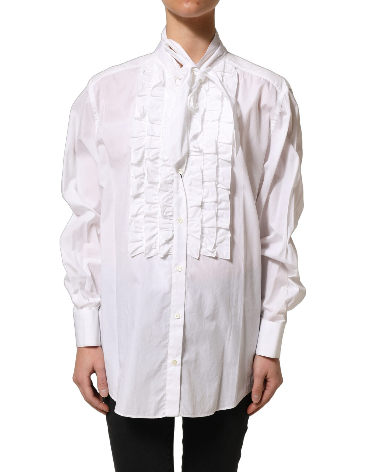 Dolce & Gabbana Weiße Bluse mit Rüschenlatz und langen Ärmeln