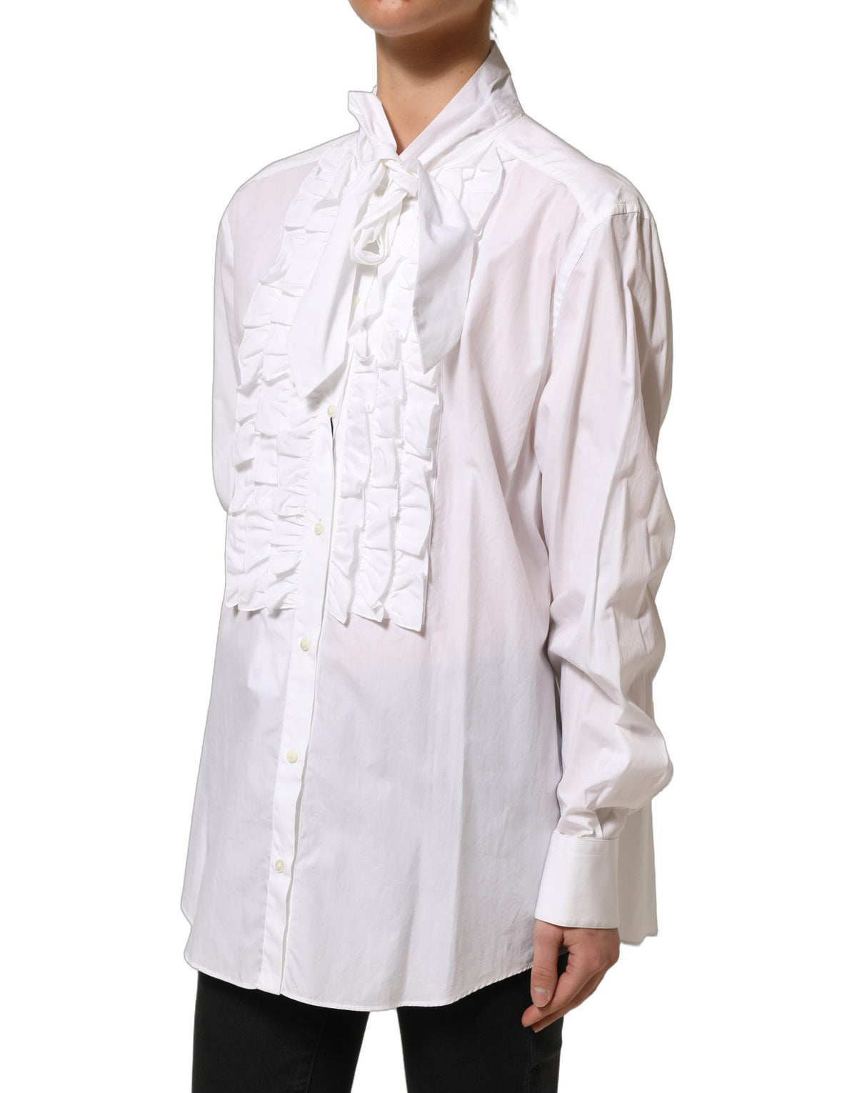 Dolce & Gabbana Weiße Bluse mit Rüschenlatz und langen Ärmeln