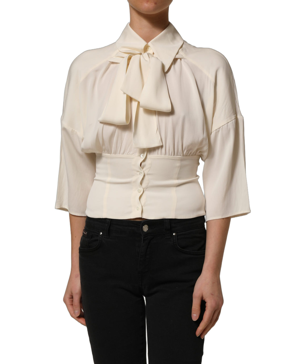Dolce & Gabbana Off-White Bluse mit Ascot-Kragen und langen Ärmeln
