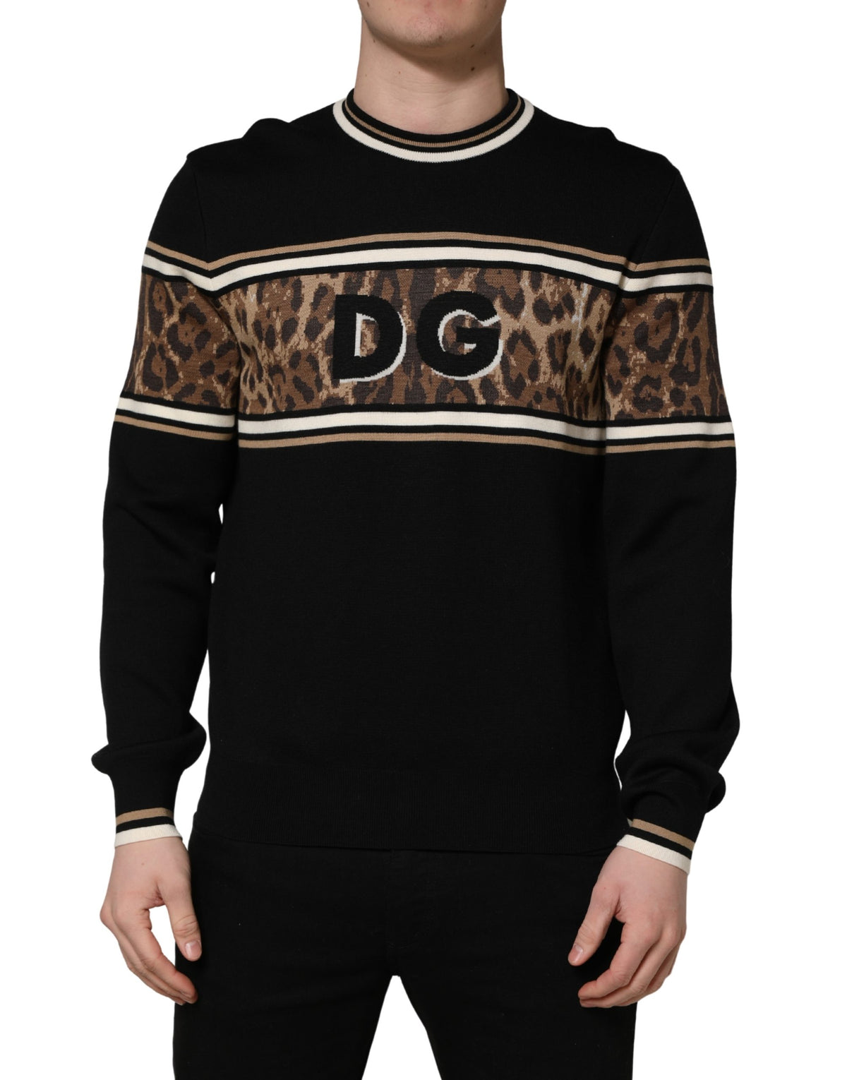 Dolce & Gabbana Schwarzer Leopard Crew Neck Herren Pullover aus Wolle