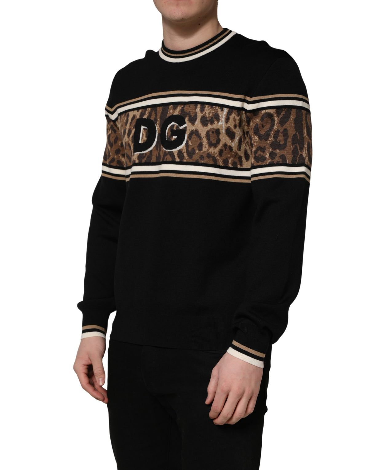 Dolce & Gabbana Schwarzer Leopard Crew Neck Herren Pullover aus Wolle