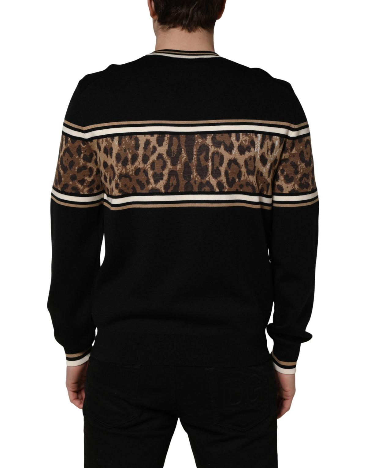 Dolce & Gabbana Schwarzer Leopard Crew Neck Herren Pullover aus Wolle