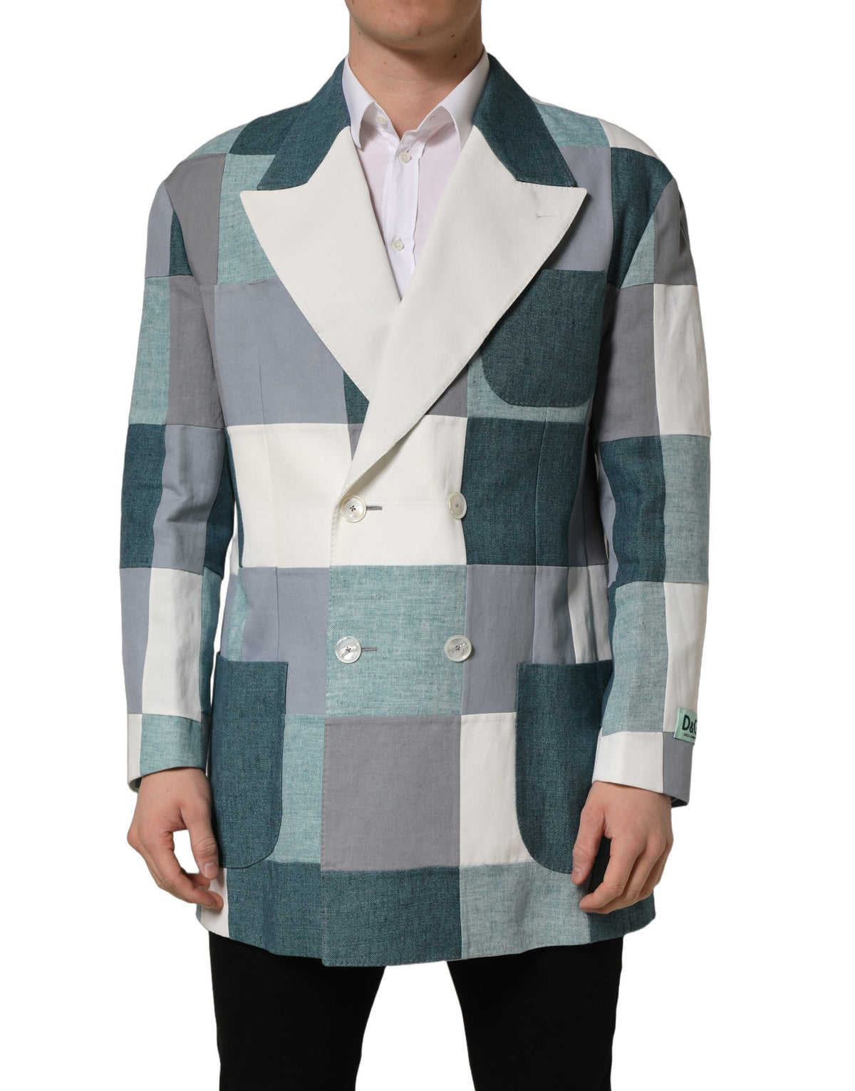 Dolce & Gabbana Zweireihige Patchwork-Leinenjacke in Multicolor