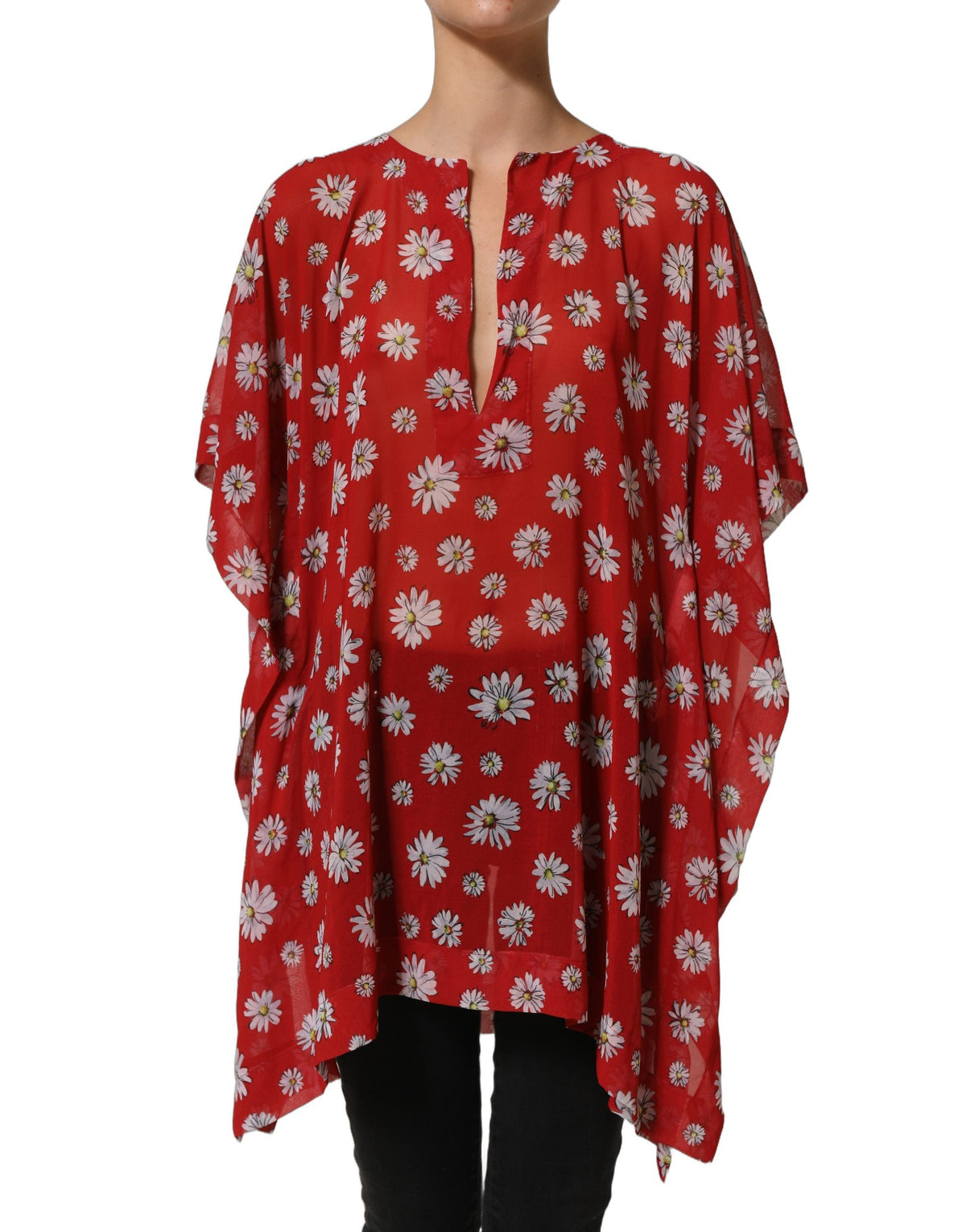 Dolce & Gabbana Rote florale Kaftan-Bluse mit V-Ausschnitt aus Polyester
