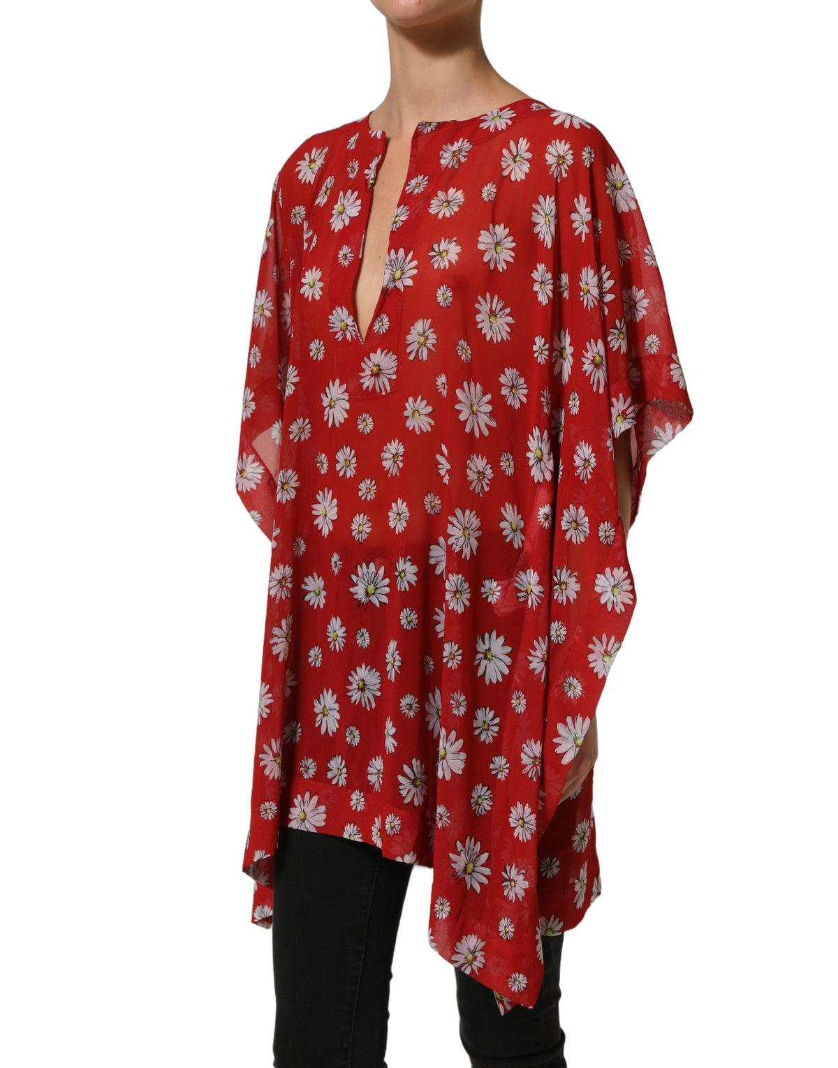 Dolce & Gabbana Rote florale Kaftan-Bluse mit V-Ausschnitt aus Polyester