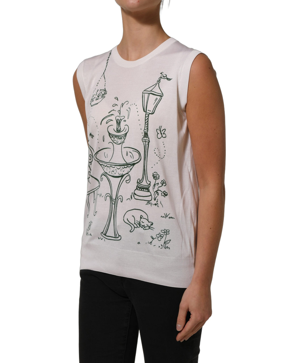 Dolce & Gabbana weißes Seidenstrick-Tanktop mit Gartenbrunnen-Print