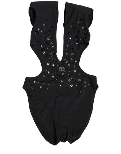 Dolce & Gabbana Black Logo Embellished Cutout One Piece Swimwear