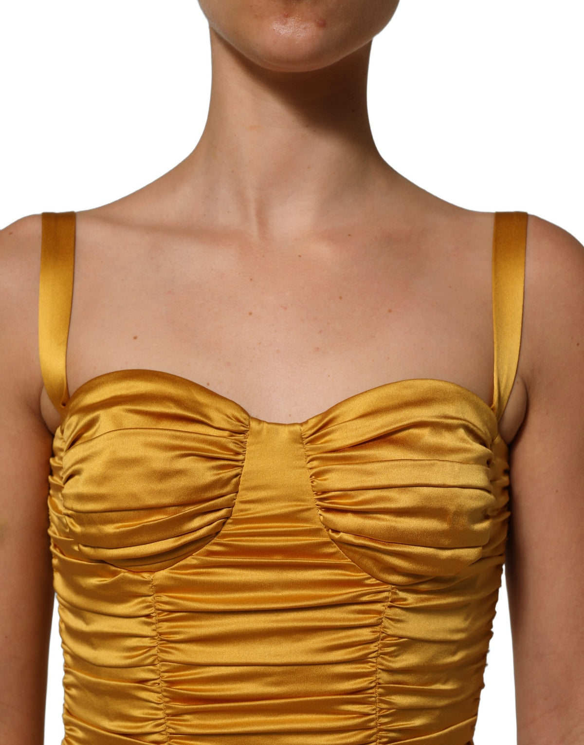 Dolce & Gabbana goldenes gerüschtes Bodycon-Midi-Kleid aus Seide