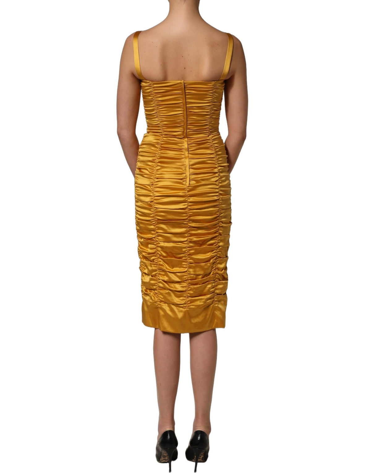 Dolce & Gabbana goldenes gerüschtes Bodycon-Midi-Kleid aus Seide