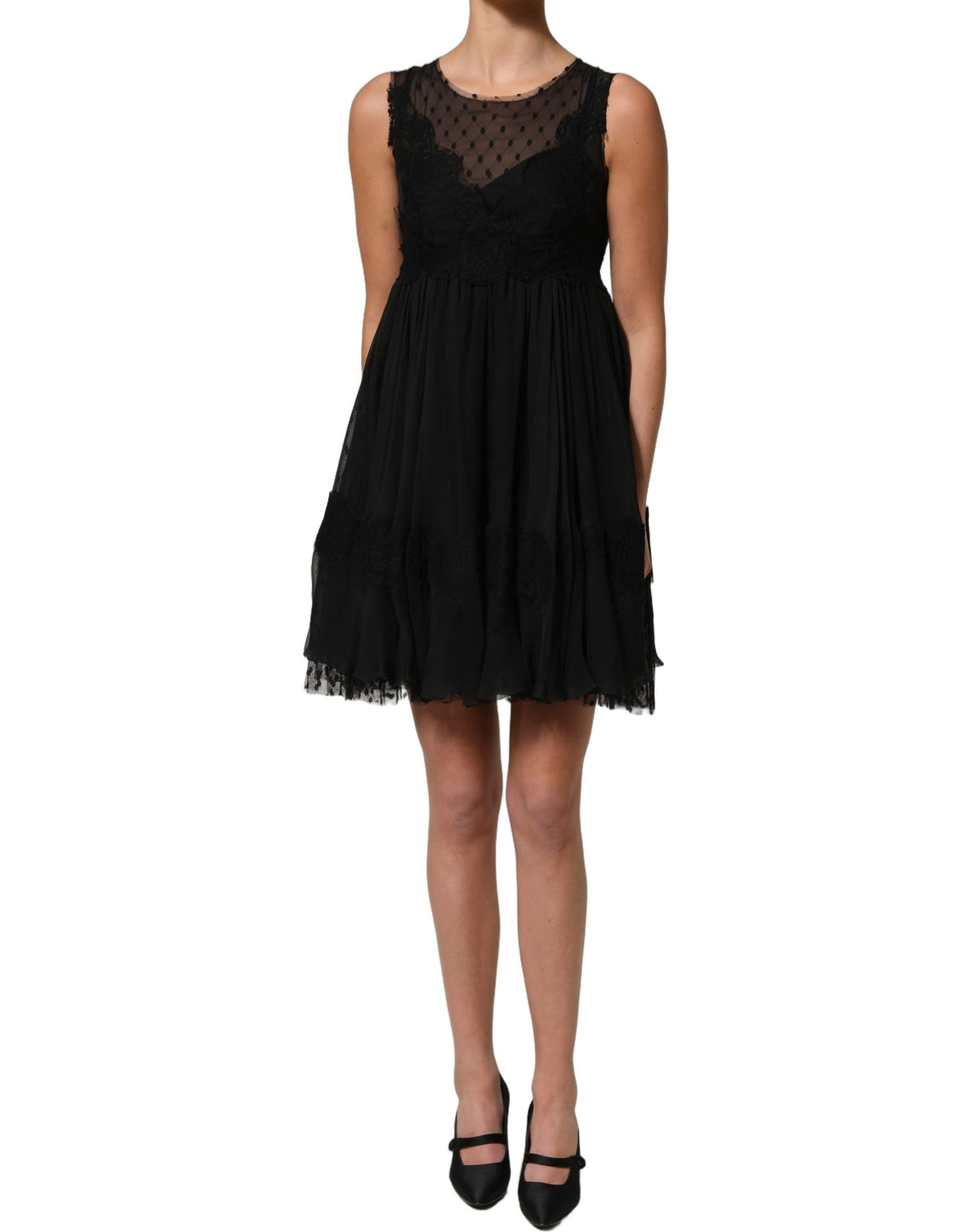 Dolce & Gabbana Schwarzes ärmelloses A-Linien-Minikleid mit Spitzenbesatz