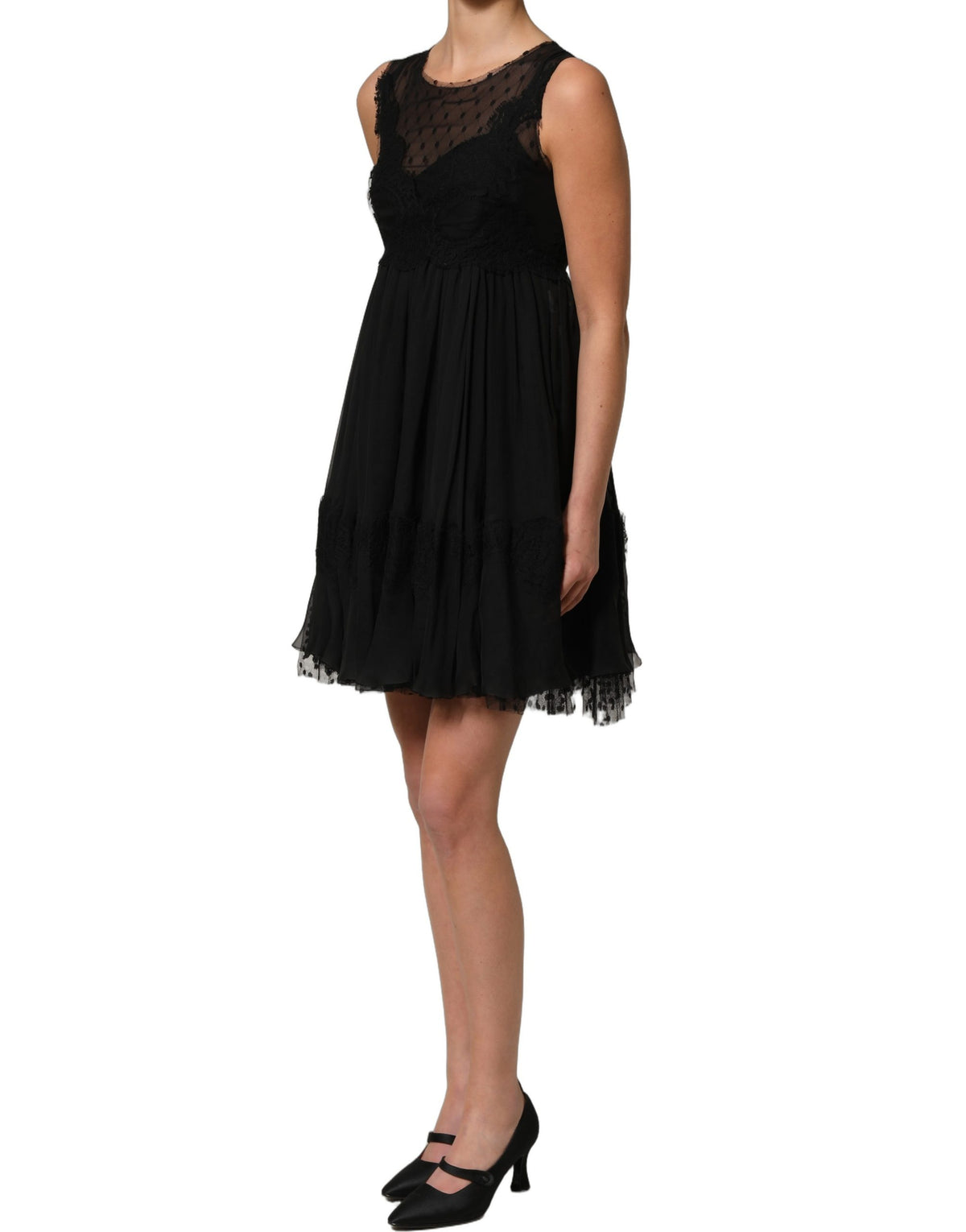 Dolce & Gabbana Schwarzes ärmelloses A-Linien-Minikleid mit Spitzenbesatz