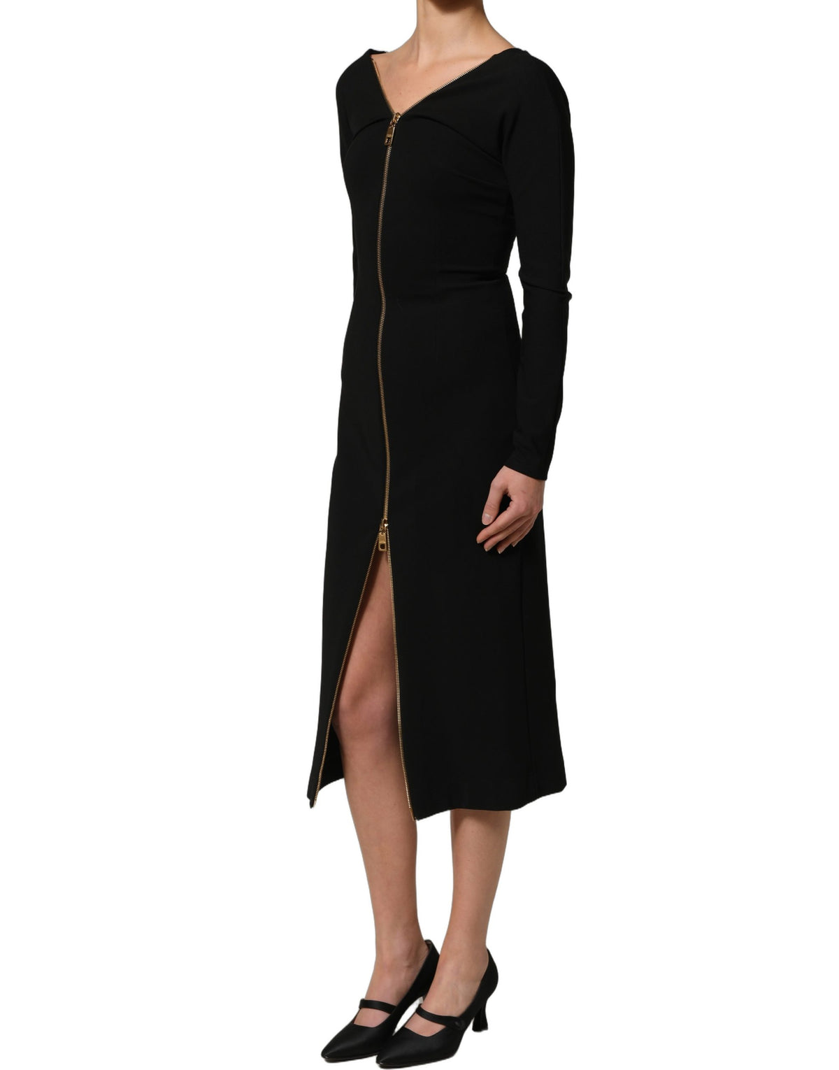 Dolce & Gabbana Schwarzes Langärmeliges Midi-Kleid mit Reißverschluss vorne