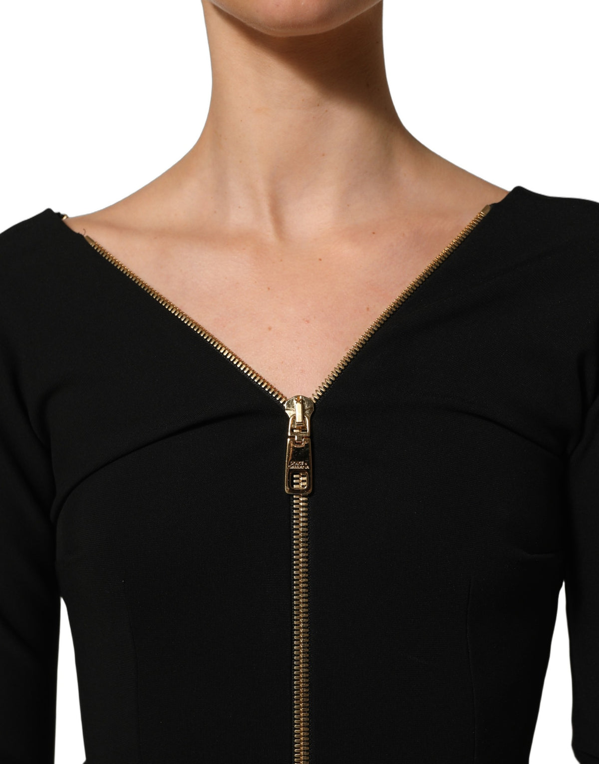 Dolce & Gabbana Schwarzes Langärmeliges Midi-Kleid mit Reißverschluss vorne