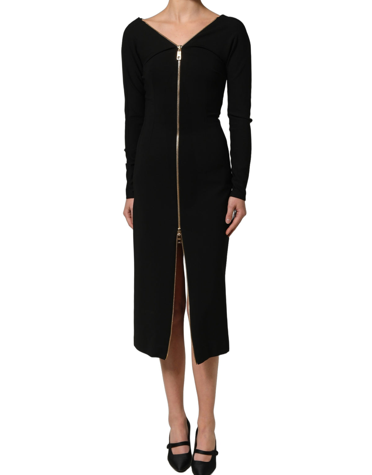 Dolce & Gabbana Schwarzes Langärmeliges Midi-Kleid mit Reißverschluss vorne