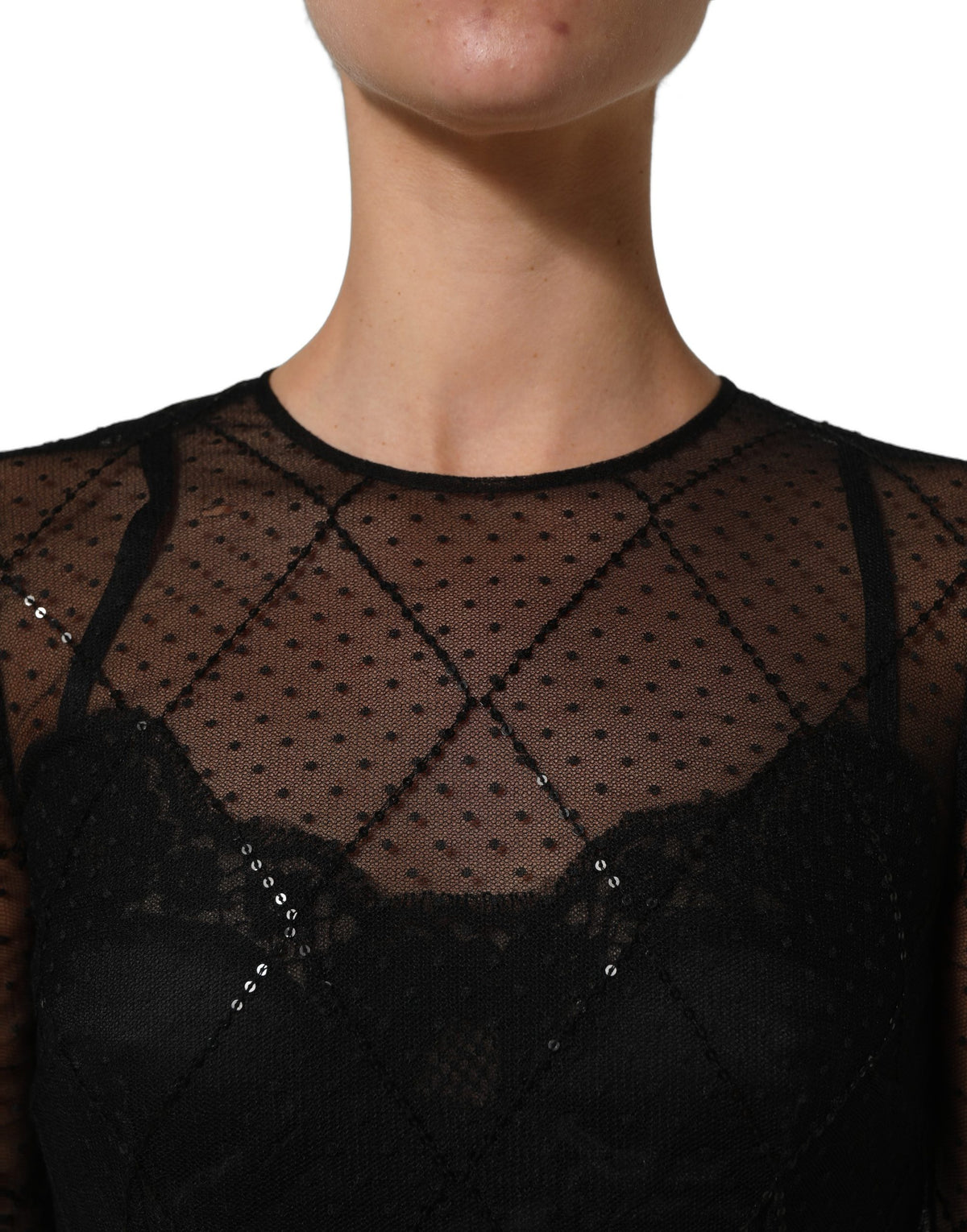 Dolce & Gabbana Schwarzes Maxikleid mit langen Ärmeln aus Mesh-Spitze