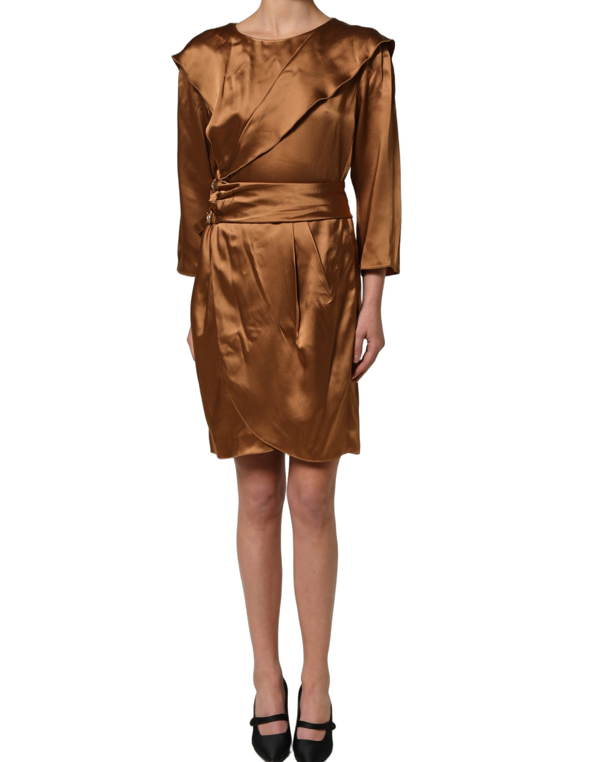 Emporio Armani Braun Satin Azetat Wickel-Minikleid mit Gürtel