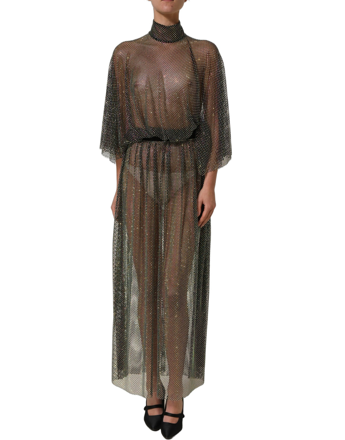 Dolce & Gabbana Maxikleid mit Rollkragen, schwarzem Strass und Mesh