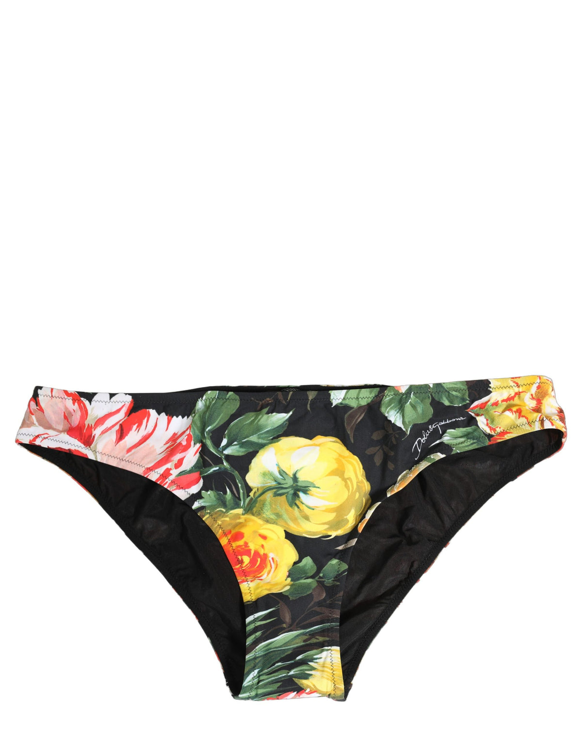Dolce & Gabbana Schwarzes Bikiniunterteil aus Nylon mit Blumenprint