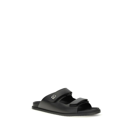 Dolce & Gabbana Black Calf Leather Bos Taurus Flat Sandals