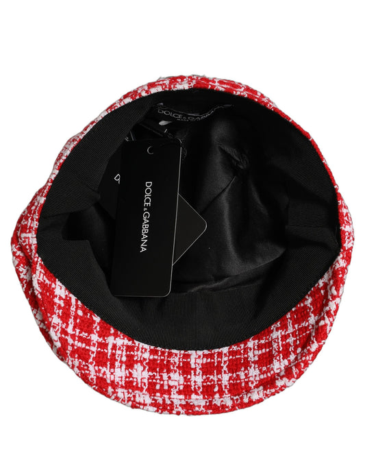 Dolce & Gabbana Red White Tweed Textured Baker Boy Capello Hat