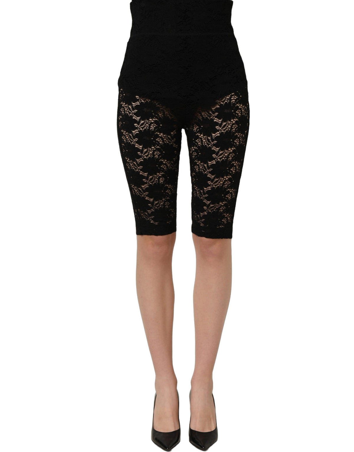 Dolce & Gabbana Schwarze hoch sitzende transparente Shorts aus floraler Spitze