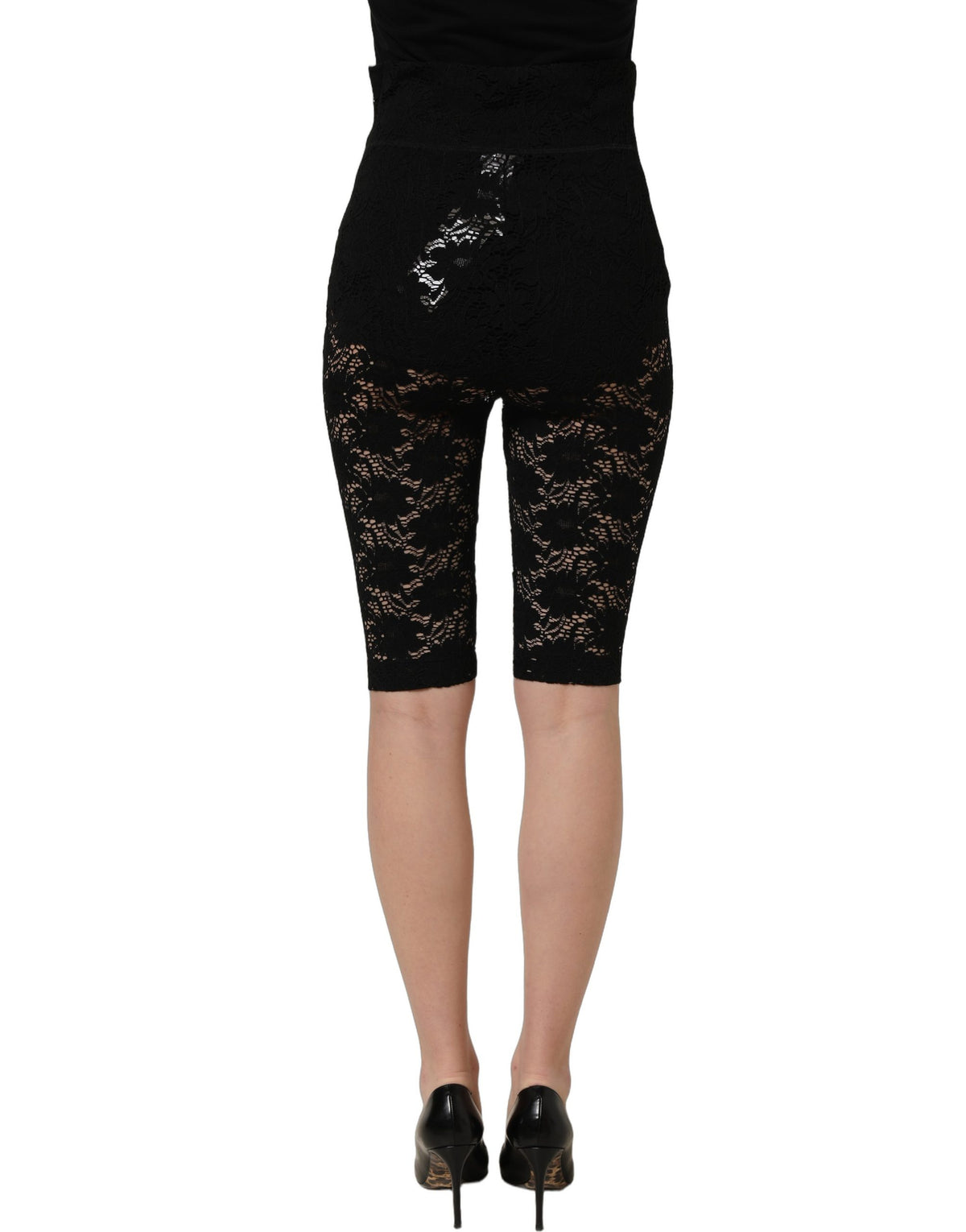 Dolce & Gabbana Schwarze hoch sitzende transparente Shorts aus floraler Spitze