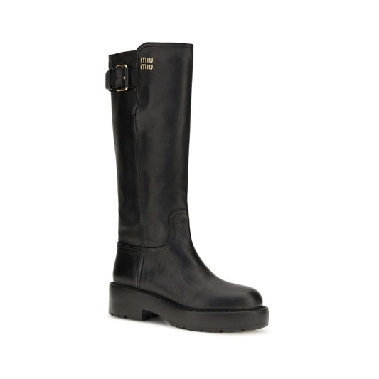 Miu Miu Black Calf Leather Bos Taurus Flat Boots