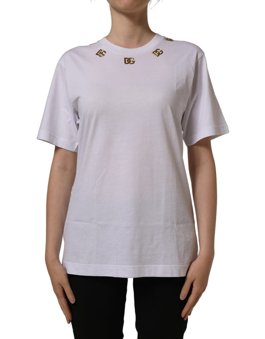 Dolce & Gabbana White Cotton Gold DG Logo Crew Neck T-shirt