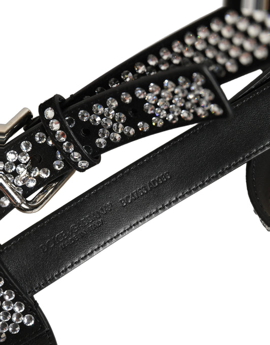 Dolce & Gabbana Black Leather Rhinestones Embellished Men Suspender